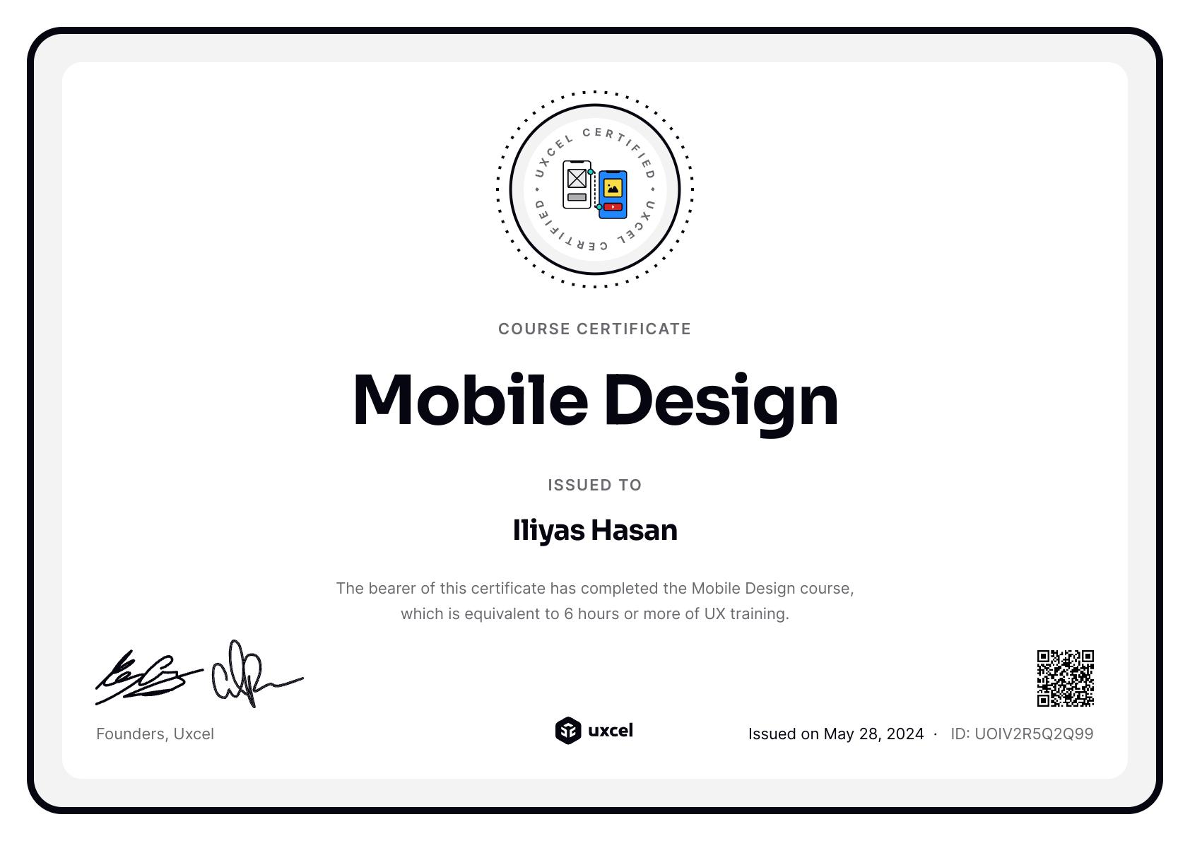 Iliyas Hasan's certificate